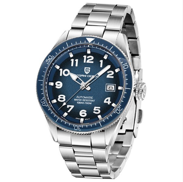 

brand men automatic mechanical watch silver full stainless steel strap men's watch blue dress male clock waterproof a388, Slivery;brown