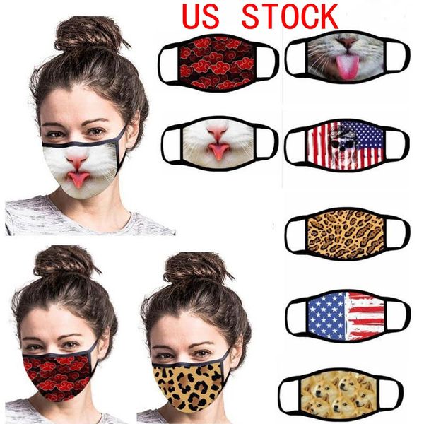 

us stock women funny face mask reusable cartoon flag leopard print designer dustproof mask ultraviolet-proof washable