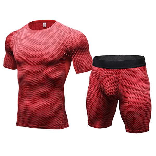 

2 pieces sport suit for men short sleeve t-shirt + shorts fitness tight running set quick dry compression men's sportswear gym clothing, White;black