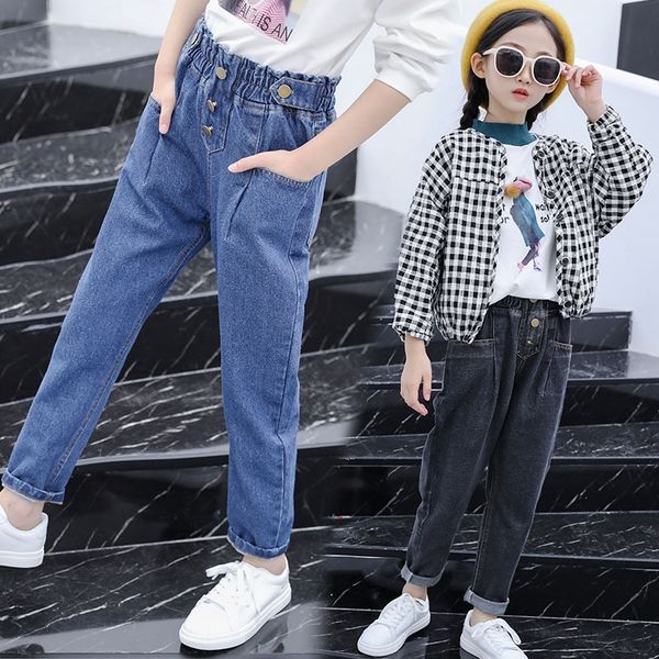 

girl's 2019 long and jeans johns children's students' casual jeans high-waisted five-button father's pants, Blue
