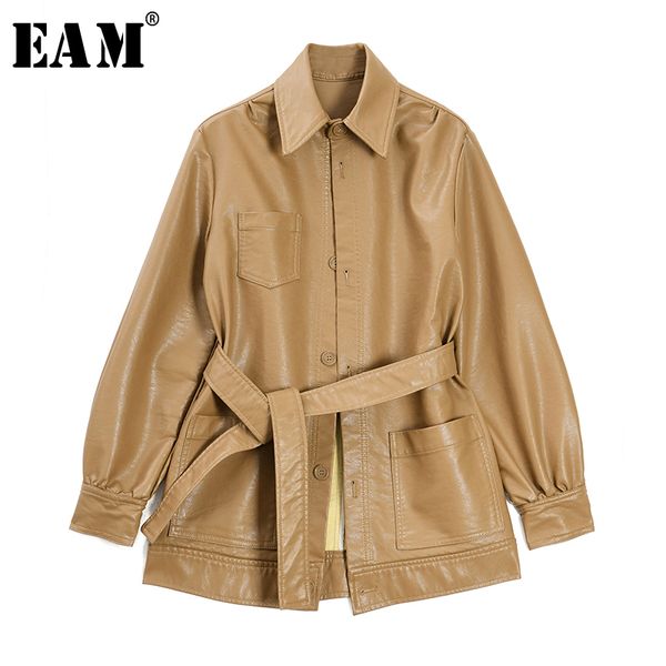 

eam] loose fit khaki pu leather bandage temperament jacket new lapel long sleeve women coat fashion tide spring 2020 1s711, Black;brown