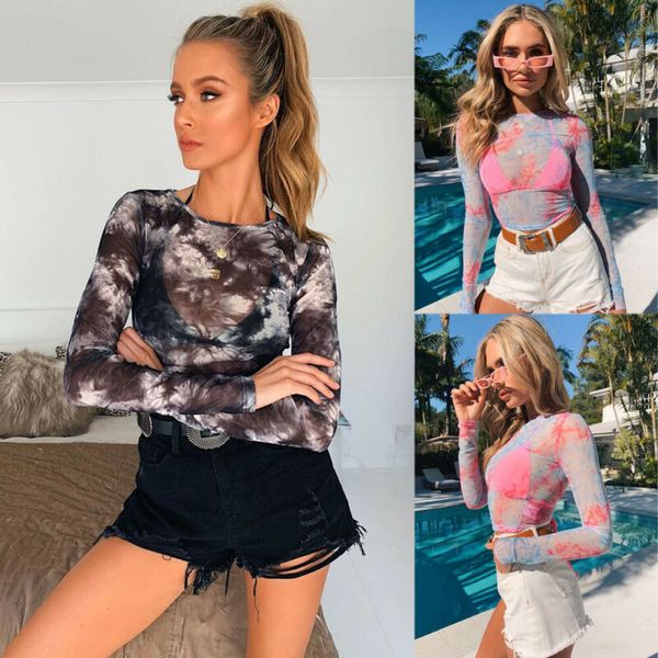 

сексуальные женщины растениеводство топ сетки прозрачный o-образным вырезом случайные платье с длинным рукавом печати футболка, White