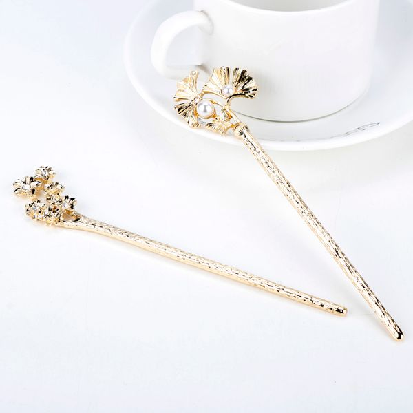 

vintage female hair pins jewelry simple style handmade hair stick alloy hairpin pearl decration styling tools female party gift, Golden;white