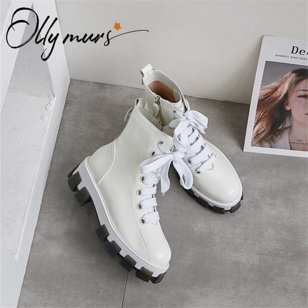 

boots ollymurs fashion black white women ankle round toe side zip thick mid heel autumn winter shoes woman