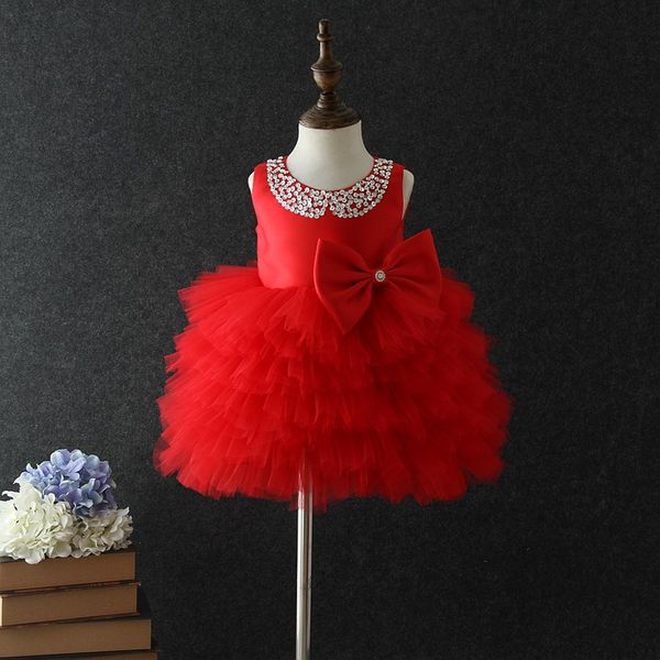 

retail childrens princess dress sequins bow beading ruffle dresses for wedding baby girl 1st birthday dress pettiskirt boutique clothes, Red;yellow