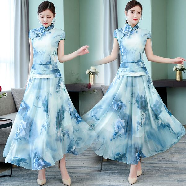 exibição tradicional longa cheongsam retro magro fadas roupa graciosa qipao original chinês estilo melhorou Chiffon ternos Top + saia