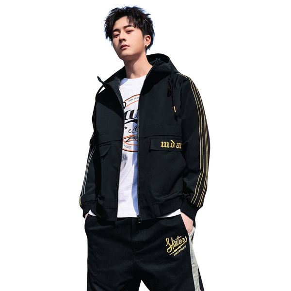 

masculine drawstring solid color hooded biker jacket big size loose vintage tactical bomber jackets streetwear mens windbreaker, Black;brown