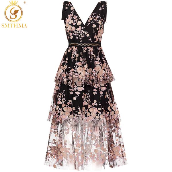 

smthma 2020 new summer sleeveless mesh self-portrait dress women deep v neck embroidery sequins floral long dress, Black;gray