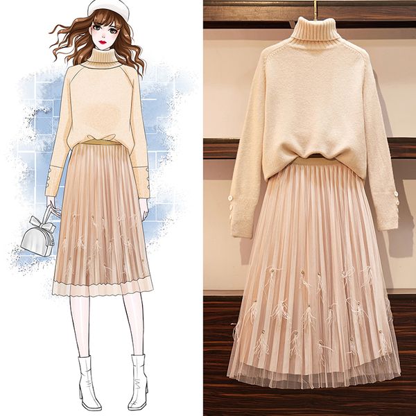 

women large plus size turtleneck sweater skirt suit pullover+mesh skirt two piece set female autumn winter warm matching set, White