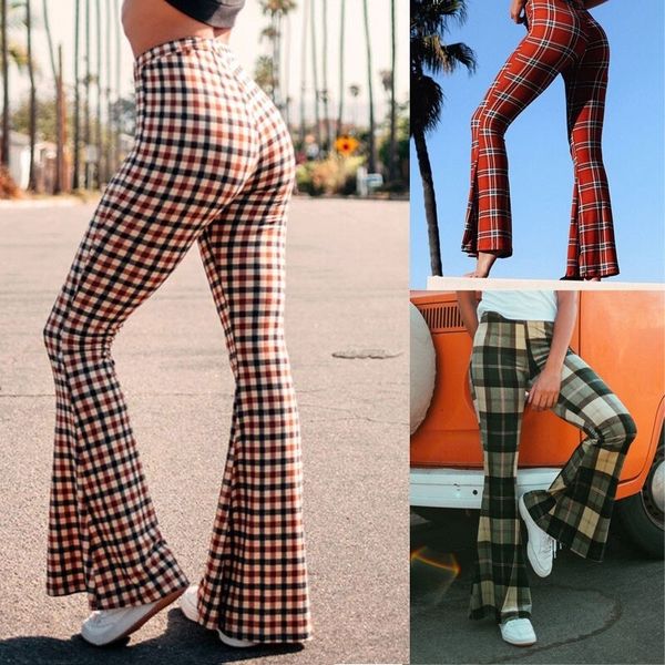 

skinny women pants autumn fashion plaid printed high waist elastic trousers flare pants casual stretch ladies trouser wholesale, Black;white
