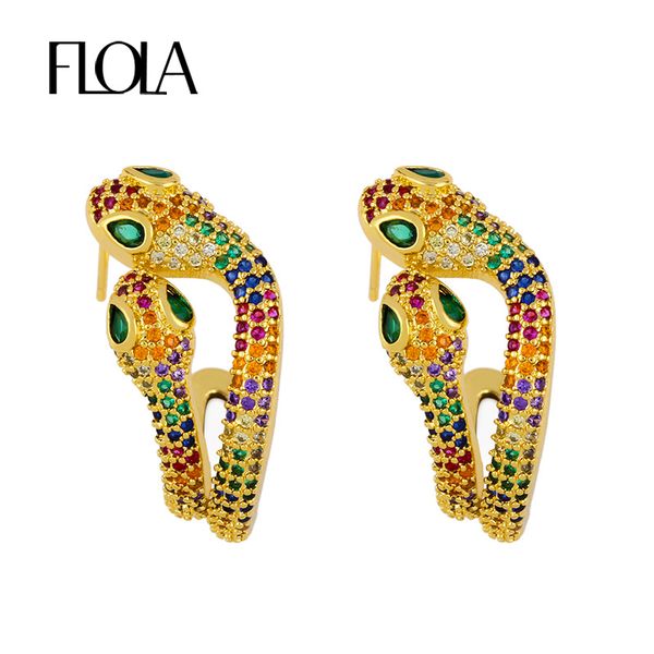 

flola хорошо заполненные двойной змея серьги для женщин радуга цирконий серьги падения радуга ювелирные изделия pendiente serpiente moda ers, Silver