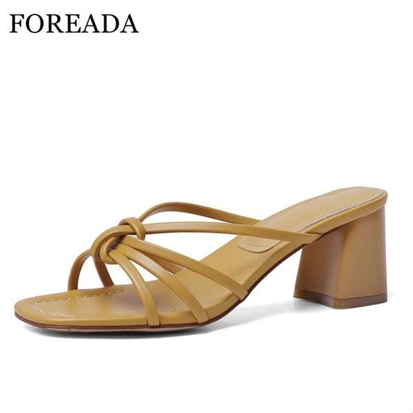 

foreada slippers woman high heels narrow band block heel sandals square toe slides casual female shoes summer yellow beige 34-40, Black