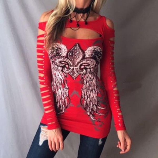 

женская футболка печать с плеча ажурные осень с длинными рукавами футболки 2019 новое прибытие sexy женская футболка размер s-2xl, White