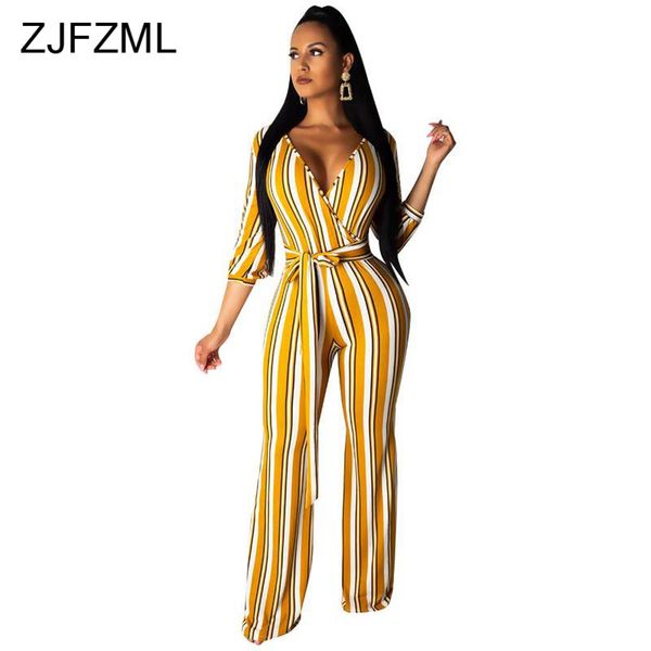 

striped wide leg jumpsuit women long sleeve v neck bandage overalls with belt summer high waist bodycon causal playsuit, Black;white