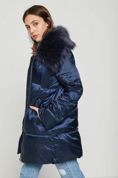 

koton women navy blue faux fur detailed coat 9kak06907gw, Black;brown