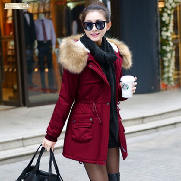 

parkas winter women fur collar coats slim hooded coat ladies medium-long down thick warm wadded jacket outwear jackets black kdew541