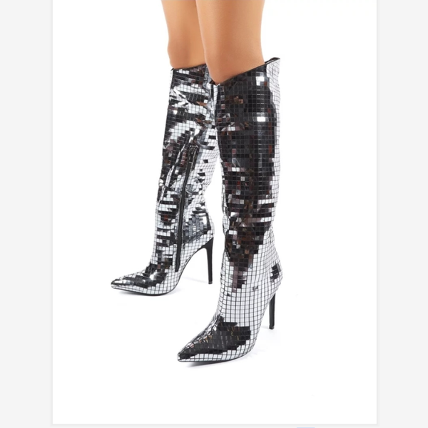 

women boots sequin stiletto heels wedding party shoes woman plus size 43 knee high boots runway shoes ladies crystal, Black