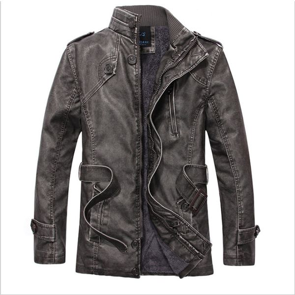 

men's jacket 2019 new fashion autumn winter male retro leather jacket slim men stand collar coat mid long pu overcoat, Black