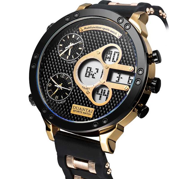

mens watches new dual display watches quartz silicone three time zone ip blue satch montre homme, Slivery;brown