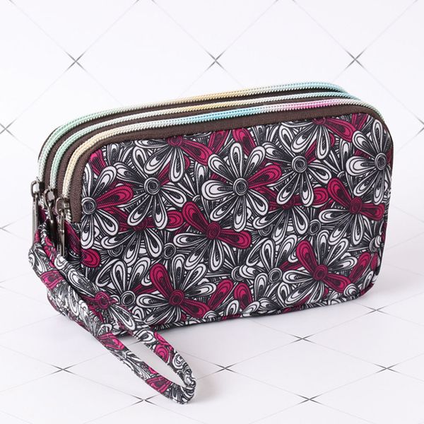

women casual floral daily phone bag long section three-layer zipper fashion key coin canvas pouch large capacity clutch handbag, Red;black