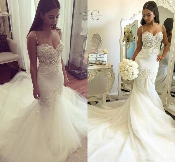 

2020 spaghetti straps mermaid wedding dresses arabic backless long bridal gown court train vestidos de novia plus size robe de mariee, White