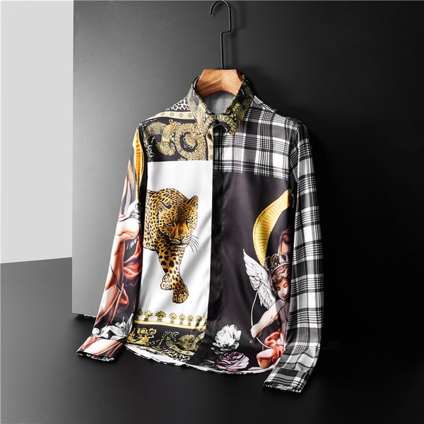 

men's shirt 2019 autumn new fashion trend print shirt personality casual casual color long sleeve shirt size -4xl men's clother, White;black