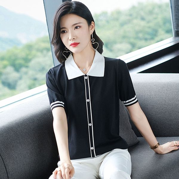 

baby collar short-sleeved t-shirt women's summer clothes 2020 western-style age-reducing ice silk knitted sweater t-shirt top, White