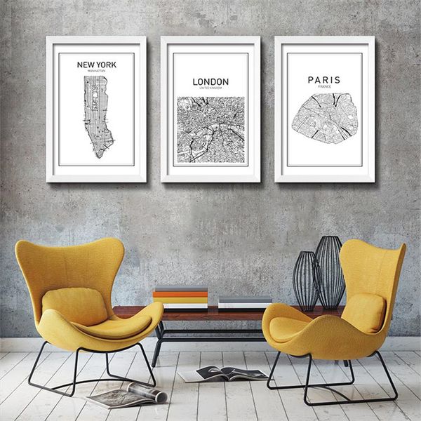 

black white map world city canvas art painting poster, new york city wall picture for home decoration yt0026