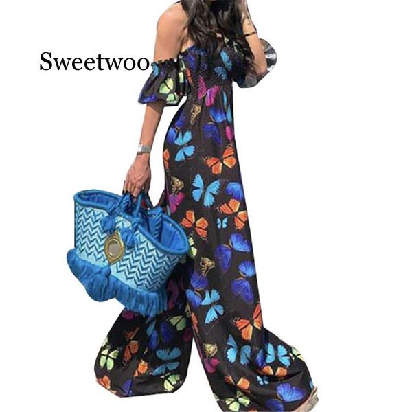 

принт сексуальный с плеча комбинезон женщины без бретелек партии широкие ноги комбинезон летний комбинезон 2020 случайные свободные длинные, Black;white