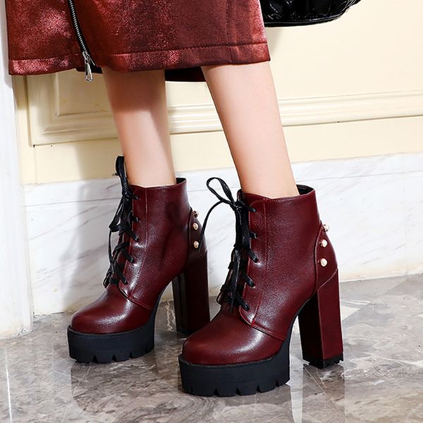 

sarairis brand 2019 plus size 44 high heel winter shoes woman motorcycles boot female platform shoelaces ankle boots women shoes, Black