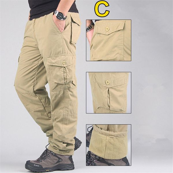 

winter fleece cargo pants men double layer thicken warm pants men casual cotton tactical baggy trousers homme, Black