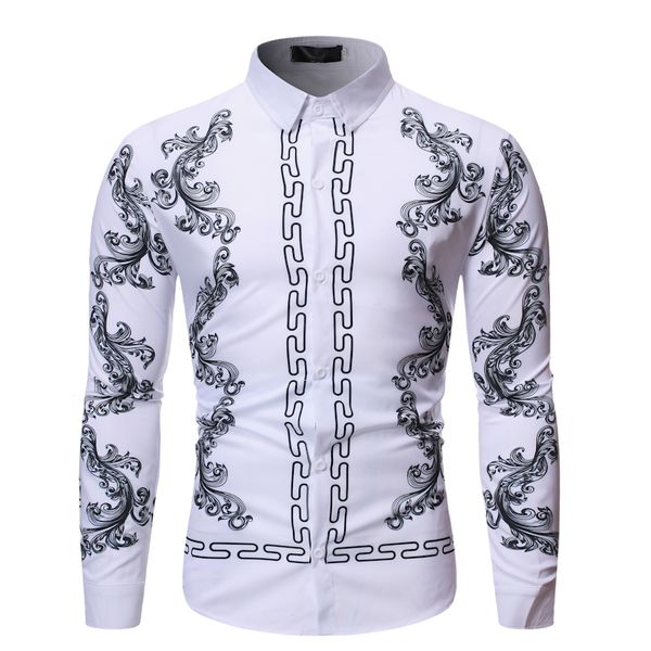 

new fashion small turndown casual shirt men's long-sleeved floral printed shirt chemise homme social men, White;black