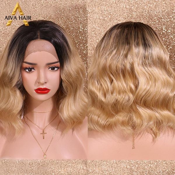 

aiva hair middle part cosplay body wave wig heat resistant synthetic lace front wig blonde ombre wigs with dark roots for women, Black