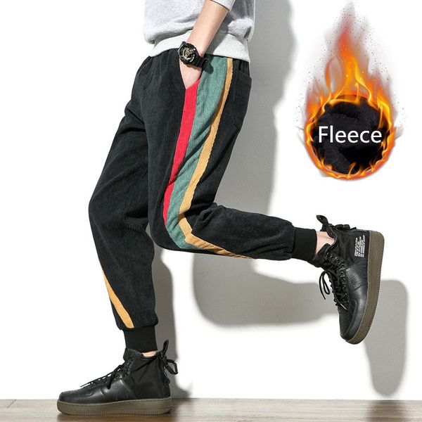 

fleece men fashion color block corduroy pants sweatpants casual rainbow strip stitching elastic retro harem pants tide trousers, Black