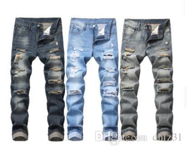 

мужские рваные straight slim fit elastic и рваные джинсы, Blue