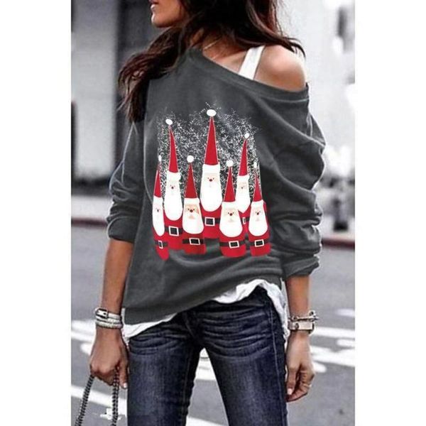 

fashion women pleated collar tunic sweatshirts santa claus snowflake print shirts casual off-shoulder shirts long sleeve, Black
