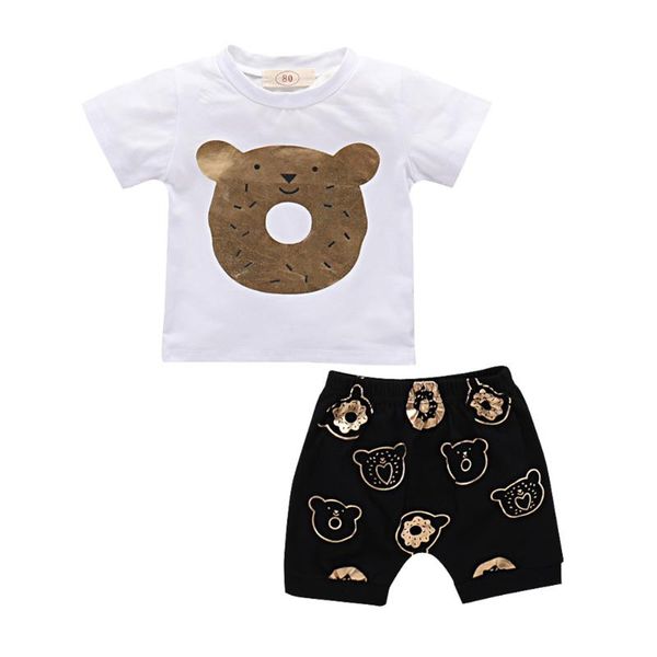 

short sleeve t shirt cute bear printed toddler baby casual summer breathable pants children clothes set, White