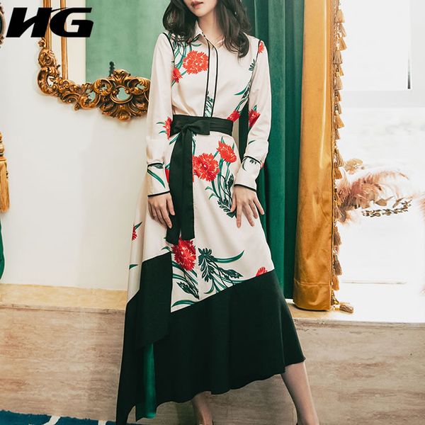 

women's two piece pants [hg] french fashion temperament female full sleeve turn-down collar button print irregular patchwork bandage sk, White