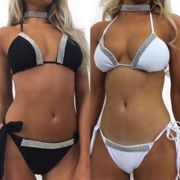 

glane womens bikini set bandage push-up padded swimwear crystal swim bathing suit holiday beachwear spain biquini