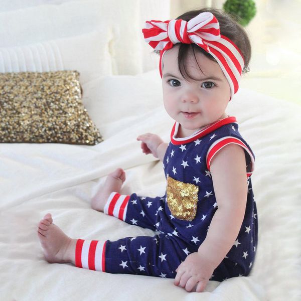 

2019 new born baby girl clothes 4th of july stars striped patriotic rompers baby summer jumpsuit ubranka dla niemowlat #5/9, Blue