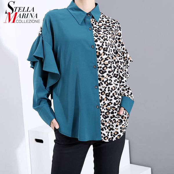 

* new 2019 korean style women long sleeve blue dress leopard patchwork ladies casual blouses feminine shirt chemise femme 5812, White