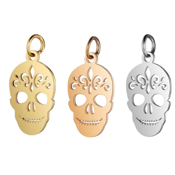 

rose gold 5pcs/lot stainless steel skull pendant charms with hook for diy necklace findings crafts halloween jewelry making, Bronze;silver