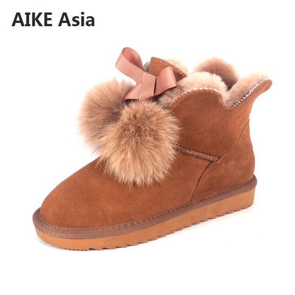 

new female snow boots hair ball bow section genuine leather low tube women's boots cowhide warm shoes bottes femme us 12, Black
