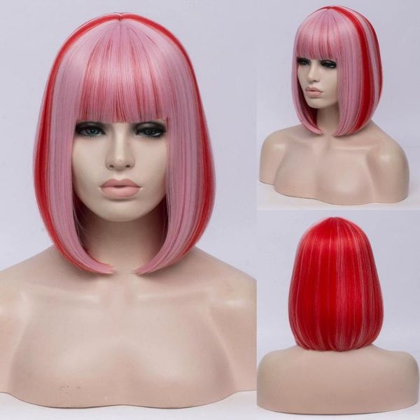 

gaka short staight mix pastel rainbow color wigs for cosplay or daily use synthetic bob wig with bang, Black