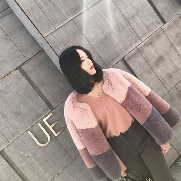 

2020 women faux fur coat winter fluffy thick warm fur jacket outwear fashion color matching pink coat female overcoat, Black