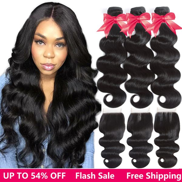

brazilian virgin body wave 3 bundles with closure human hair weft with lace closure natural color, Black;brown