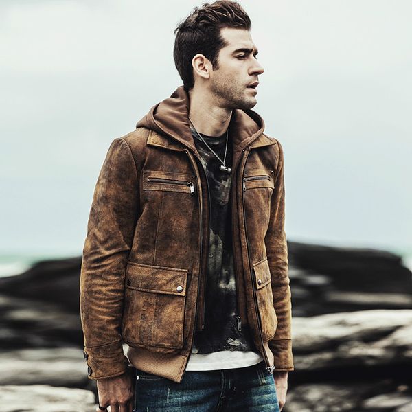 

autumn winter genuine leather jacket plus size vintage motorcycle mens leather jacket chaqueta cuero hombre m2017-129 yy771, Black