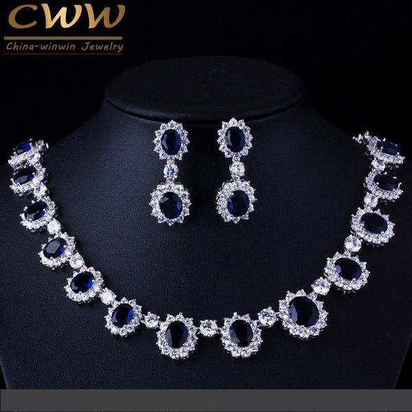 

весь salecwwzircons orgeous микро инкрустация полный cz камни вокруг темно-синий кристалл цветок партии свадебные ювелирные наборы для женщи, Silver