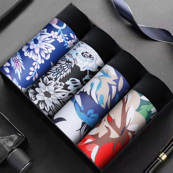 

shangdingniu men's boxed printed ice silk boxer pants breathable mid-waist gift underwear boxed underwear men, Black;white