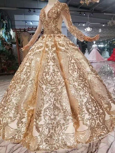 

gold sequined long sleeves wedding dresses 2019 sweep length wedding dress bridal gown plus size, White